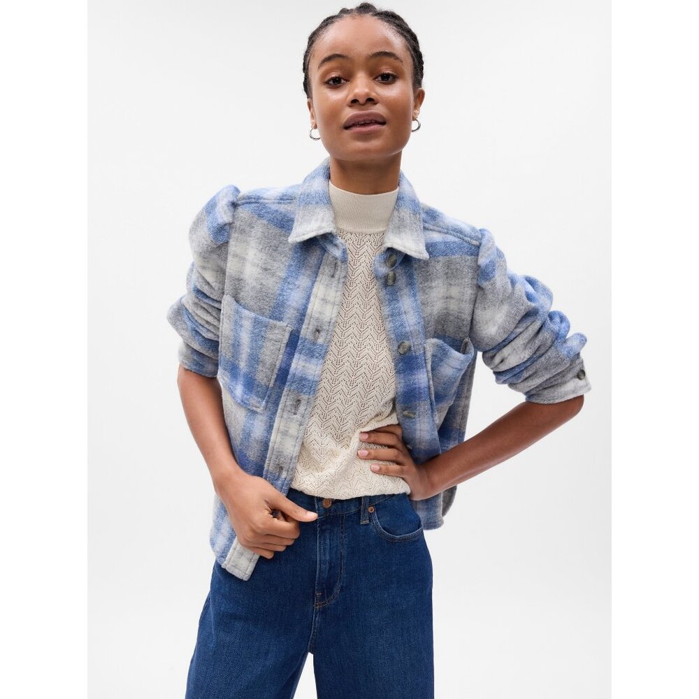NWT Womens Size Medium GAP Puff Sleeve Cropped Plaid Wool Shirt Jacket NEW